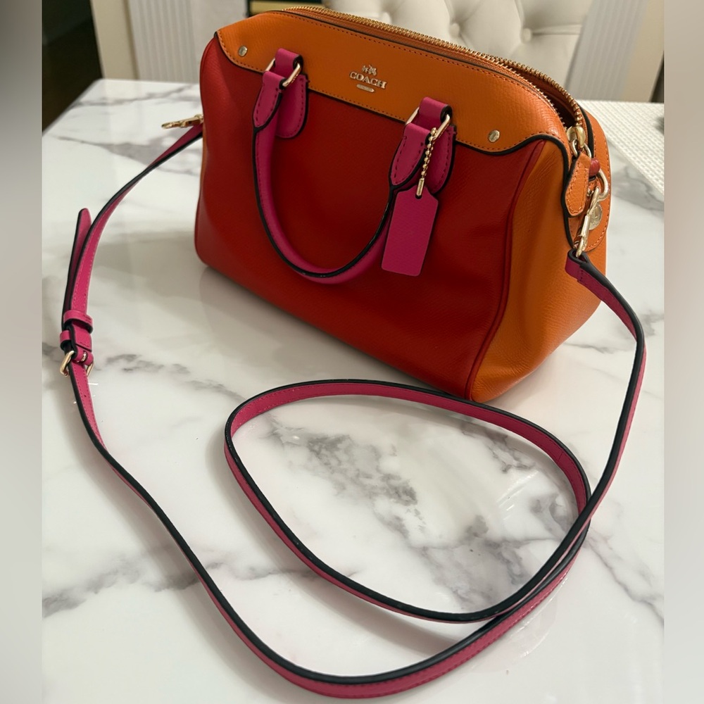 Coach Mini Bennett Satchel Colorblock Pink Orange Pebbled Leather Crossbody